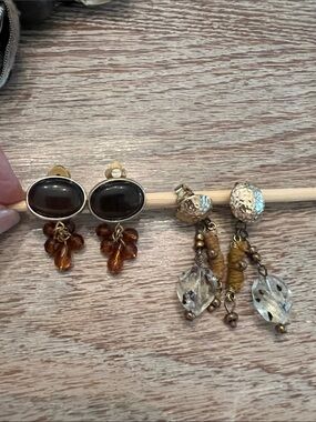 Tiger eye Brown & Amber  & gold, leather, & spotted glass Dangle Clip Earrings